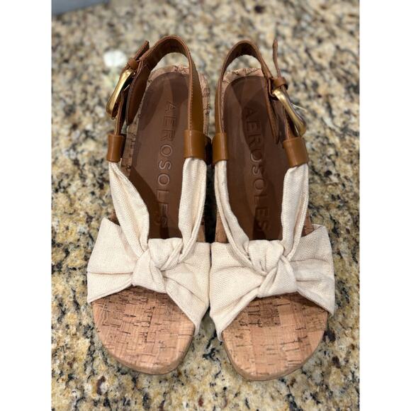 AEROSOLES Cream Sandals with Cork Heel - Picture 2 of 8